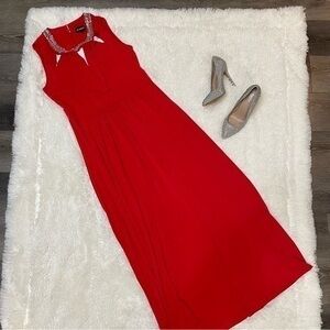 Karina Cut Out Mirror Beaded Sleeveless Long Bright Red Maxi Prom Dress, 14